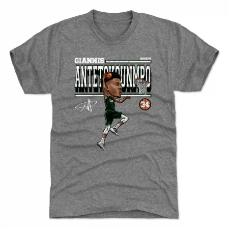 Milwaukee Bucks - Giannis Antetokounmpo Cartoon Gray NBA T-Shirt